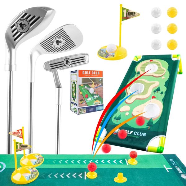 deesalio Toddler Golf Clubs Set, Adjustable Toddler Golf Set, Upgraded Kids Golf Toys with Putting Mat & Golf Cornhole Board, Indoor & Outdoor Yard Game Gifts for 2 3 4 5 6 7 8 Year Olds Boys Girls