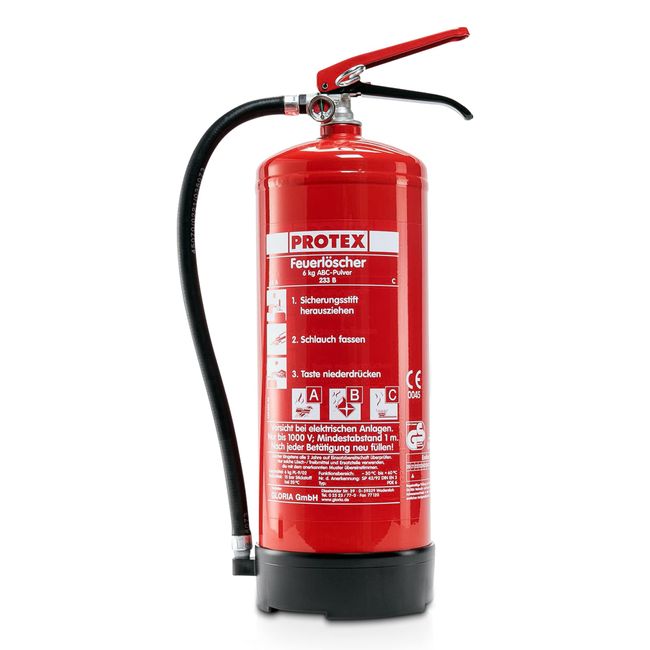 Pulver-Feuerlöscher – Protex Pulverfeuerlöscher – 6 Liter - für die Brandklassen ABC – Zertifiziert nach DIN EN 3 und CE – je 9,5 kg – mit praktischer Halterung – mit Prüfplakette - Made in EU