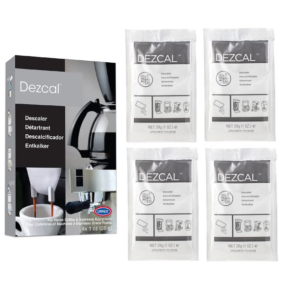 Urnex Dezcal Coffee and Espresso Descaler and Cleaner - 4 Uses - Activated Scale Remover Use with Home Coffee Brewers Espresso Machine Pod Machine Capsule Machine Kettles Garmet Steamers