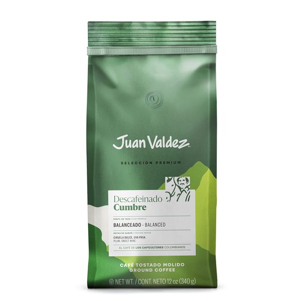 Juan Valdez Cumbre Ground DECAF Colombian Coffee, 12 oz, Premium Line, Strong Coffee, Impressive character with herbal and dry fruit notes of dry grape, cocoa and tea , Acidity Medium, Body Medium, Fragance Intense, Certified Humane, Rainforrest, Halal, K