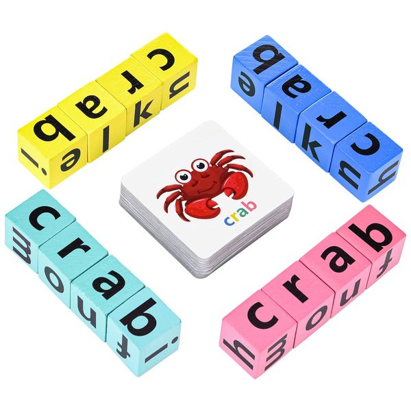 DragonflyDreams Wooden Blocks Spelling Game, Wooden Alphabet Puzzles Blocks, Matching Letter Game Kids Toys Alphabet Spelling Game Toys Montessori Learning Toy Early, Learning Toys for Kids Ages