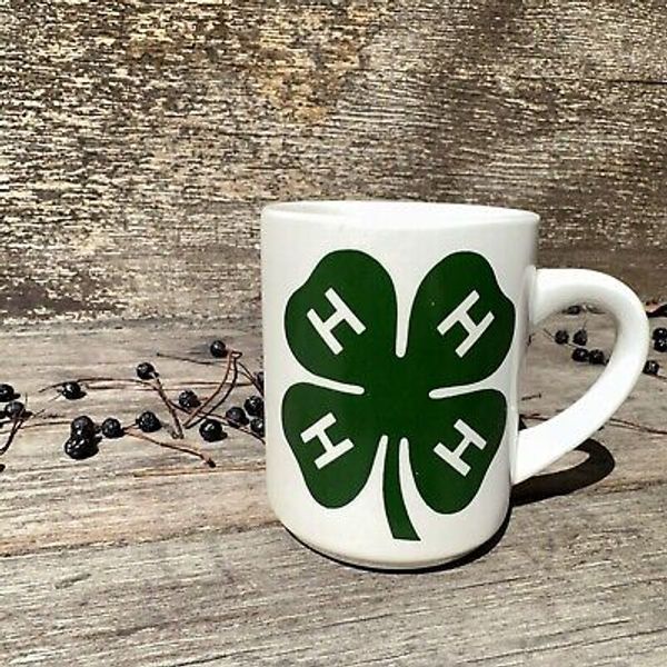 4-H Club 12 oz Coffee Mug White W Green 4 Leaf Clover Head Heart Hands Health