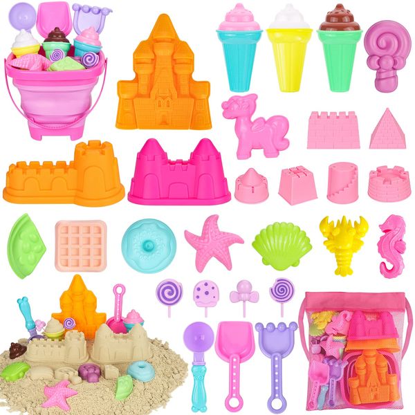 HUUIDY Beach Toys, 30Pcs Ice Cream Sand Toys, Sandbox Toys with Collapsible Sand Bucket and Sand Castle Kit, Cake, Lollipop, Sea Animal, Unicorn Molds, Shovels Set, Mesh Bag, Travel Toys for Girls 3+