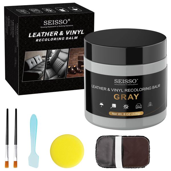 SEISSO Leather Stain Cream, Leather Restoration Kit with Brush, Squeegee, Sponge, Dust Polishing Gloves, Leather Color Restorer for Leather and vinyl Sofas, Wallets, Office chairs, Belts (Gray, 200g)