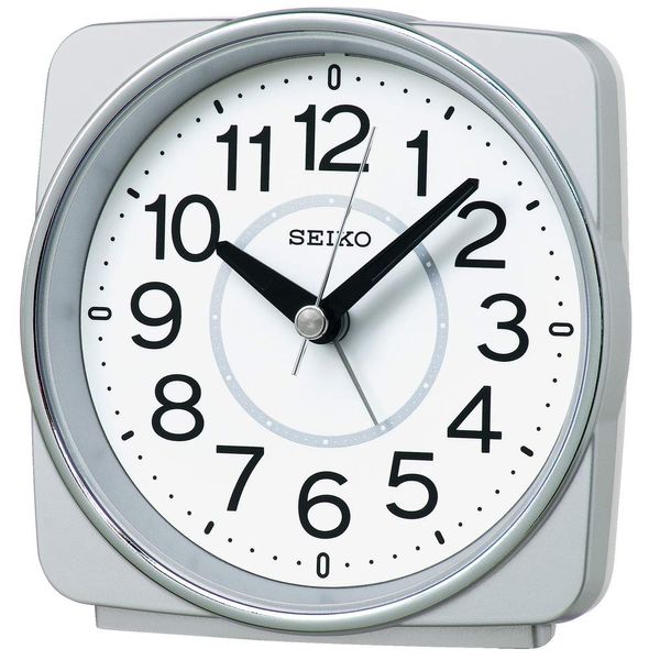 Seiko Clock KR335S Silver Metallic Table Clock, Body Size: 4.2 x 4.3 x 2.4 inches (10.8 x 11.0 x 6.0 cm), Alarm Clock, Radio Wave, Analog,