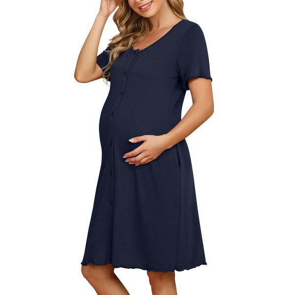 KOJOOIN Damen Nachthemd Geburt Stillnachthemd Kurzarm Nachtwäsche Baumwolle Umstandsnachthemd mit Durchgehender Knopfleiste Nachtkleid DunKelblau(Kurzarm) XL