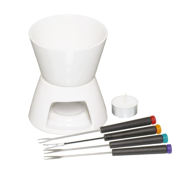 KitchenCraft Chocolate Fondue Set in Gift Box, with Four Stainless Steel Forks and Tealight Candle, Ceramic Bowl and Stand, Ideal for Parties and Dipping Sweets, Fruit or Biscuits, White