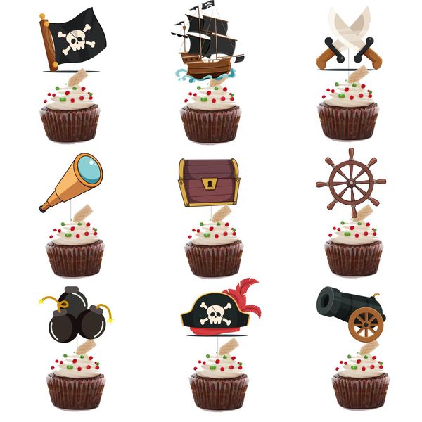 36Pcs Pirate Happy Birthday Cupcake Toppers Rudder Nautical Sailing Pirate Theme Party Dessert Muffin Food Picks Treasure Map Captain Cap Kids Boys Baby Shower Birthday Party Supplies