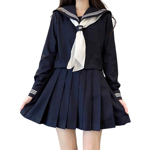 GSYCL Sailor Uniform, Navy Blue, High School Girl, 3-piece Set, Halloween, Fancy Dress, JK Uniform, Costume, Long Sleeve, Front Opening, Top and Bottom Set, Pleated Skirt, Popular, Women's Uniform, Authentic Uniform, Navy Sanko Bon, Cultural Festival, Sch