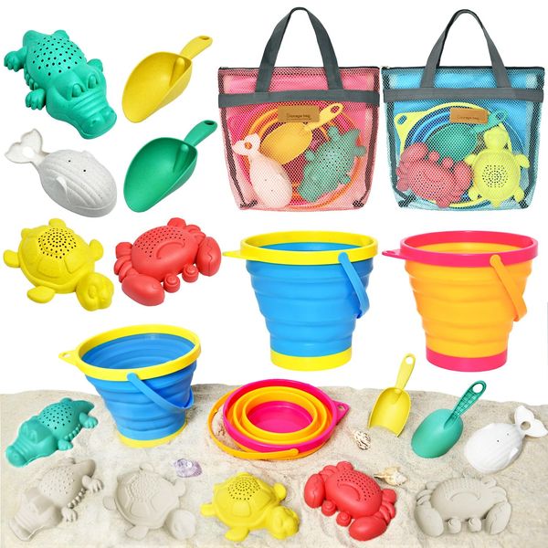 Aclarastra Collapsible Beach Sand Toys for Kids - Travel Beach Toys with 2 Collapsible Beach Buckets, Mesh Bags, Sand Molds, Sand Scoops, Sand Bucket Shovel Set Sandbox Toys for Toddler Kid Ages 3-10