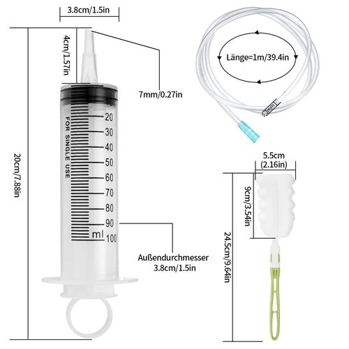 GOLDEROC 3 Syringes 100 ml with Hose, 1 Bottle Brush, Oil Syringe Dosing Syringe Made of Plastic, Reusable Plastic Syringe for Laboratory, Garden, Pet Food and Industry