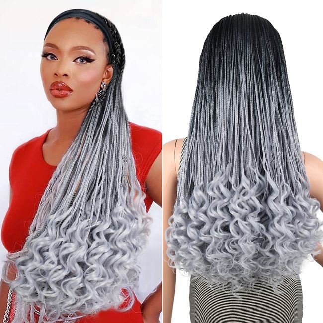 Aisaide Gray Braided Headband Wig Long Silver Gray Box Braids Wigs for Black Women Synthetic Ombre Grey Goddess Box Braids Crochet Hair Curl Braiding Hair Headband Wigs Braids Passion Twist Wig