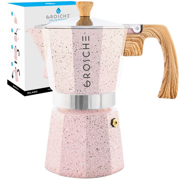 GROSCHE Milano Moka pot, Stovetop Espresso maker, Greca Coffee Maker, Stovetop coffee maker and espresso maker percolator (Pink, 12 cup)