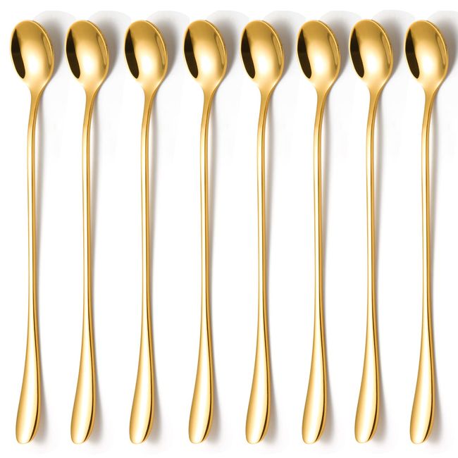 KITWARE Gold Ice Teaspoons Set of 8 Pieces, 7.7 inch Long Handle Spoon, Stainless Steel Coffee Spoons, Cocktail Mixing Spoons, Mirror Polished Bar Spoon