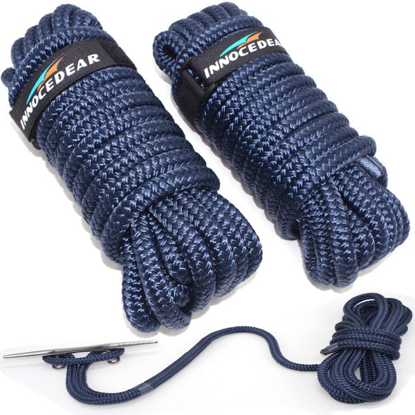 INNOCEDEAR 2 Pack Premium Navy Blue Dock Lines - 15' / 25'/35' with Eyelet.Double Braided Nylon Dock Line/Mooring Lines.Hi-Performance Marine Boats Ropes