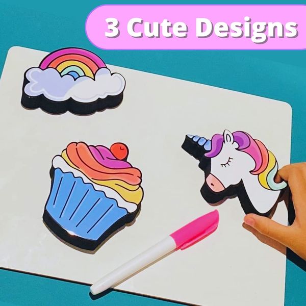 Magnetic Dry Erase Eraser Set for Whiteboard - 3 Pack Cute Design Unicorn, Cupcake and Rainbow - for Kids and Classroom Board Accessories