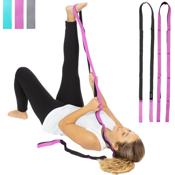 Vive Stretch Strap - Leg Stretch Band to Improve Flexibility - Stretching Out Yoga Strap - Exercise and Physical Therapy Belt for Rehab, Pilates, Dance and Gymnastics with Workout Guide Book (Pink)