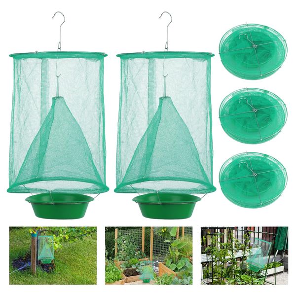 5PCS Fly Trap Insect, Ranch Hanging Fly Catcher Cage Net Folding Reusable Fly Trap for Outdoor Garden Farms Parks (Green)