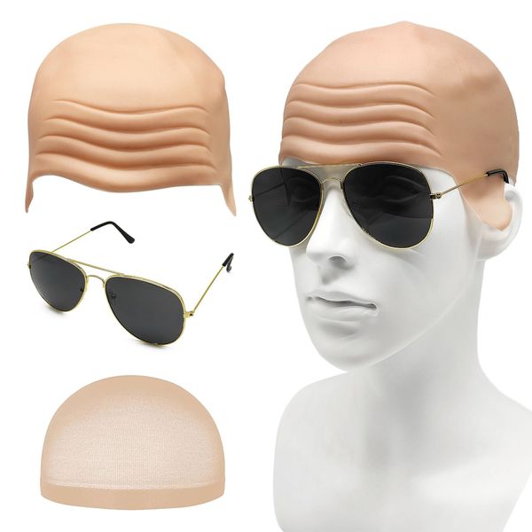 EUPSIIU Bald Caps for Adults Men Women Costume Accessory Makeup Bald Head Wig Cap Costume Set Bald Cap Sunglasses, Bald Skin Bald Head Skull Wig Cap Famous Rapper Cosplay Halloween Fancy Dress (Skin)