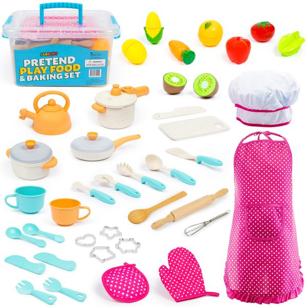 Kids Cooking and Baking Chef Set with Sliceable Play Food - Pretend Play Toddler Kitchen Toys - Kid Chef Apron, Fruit, Veggies, Hat & Utensils Kids Toy (Chef Set with Play Food)