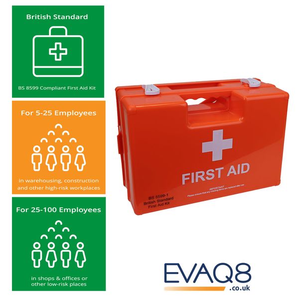 EVAQ8 British Standard Compliant UK First Aid Kit in Orange Box for High Risk Environments BS8599-1