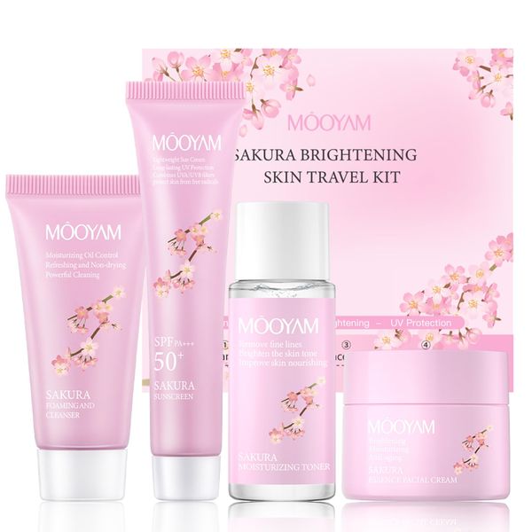 Sakura Skin Care Kit - Refreshing Skin Care Set - Gift Set for Women - Travel Essentials for Women - Travel Size Face Wash-Toner-Moisturizer-Sunscreen - Moisturizing Oil Control Skin Care Sets & Kits