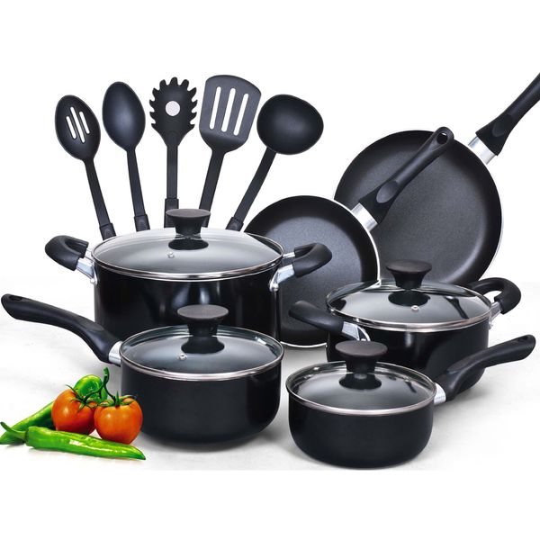 Cook N Home 15-Piece Nonstick Stay Cool Handle Cookware Set, Black