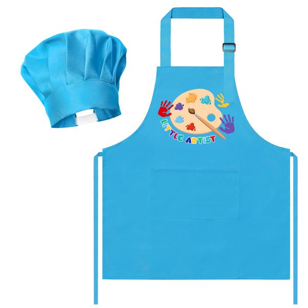 RKid Apron and Chef Hat Set - R HORSE 2Pcs Adjustable Children Blue Artist Kitchen Apron, Dress up Role Play Chef Toy Cooking Baking Painting and Training Kits Funny Birthday for Kids