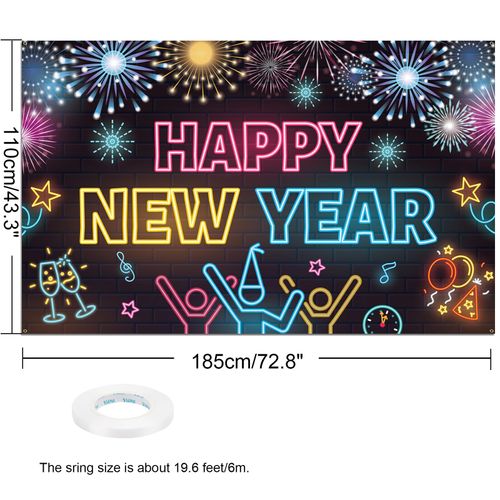 HOWAF Happy New Year Party Decoration Neon Backdrop Banner, Glow In The Dark New Year Eve Shiny Firework Banner for New Year Eve Party Supplies, Colorful Happy New Years Backdrop 2025,72.8 * 43.3 inch