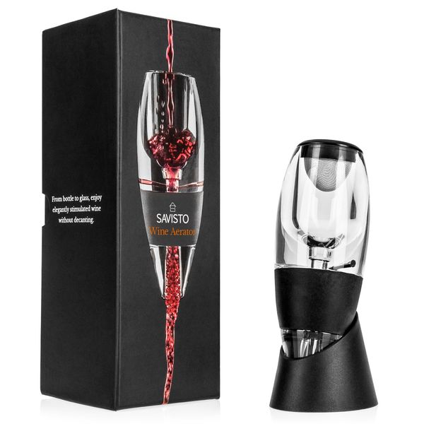 Savisto Wine Aerator | Acrylic Wine Breather, Pourer and Filter with Display Stand - Black