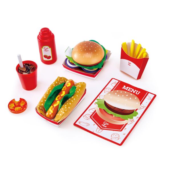 Hape Fast Food Set |Wooden Diner Fast Food Toy Set, Classic American Meal for Pretend Play Includes Burger, French Fries, Hotdogs & Cola