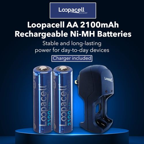LOOPACELL AA Rechargeable NiMH Battery with AA & AAA Battery Charger (Pack of 16) - 1.2V 2100mAh Pre Charged AA Batteries for Game Cameras, Wireless Microphones, Toys, TV Remotes & More