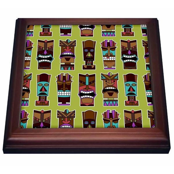 3dRose Colorful Tiki Mask Pattern Trivet with Ceramic Tile, 8 by 8", Brown