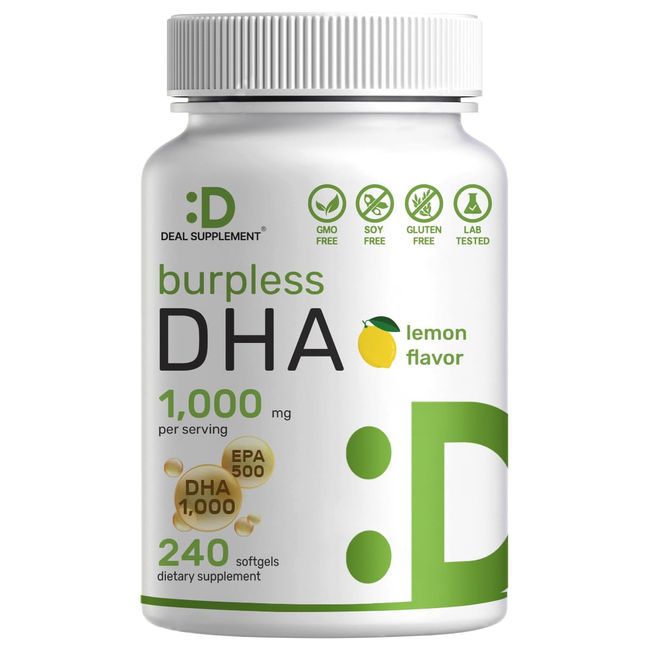 DEAL SUPPLEMENT DHA Supplements | 240 Softgels, Burpless, Lemon Flavor, DHA 1000mg + EPA 500mg, Wild Caught Fish, Rich in Omega-3s, Mercury Free, Non-GMO, Support Brain Heart & Joint Health