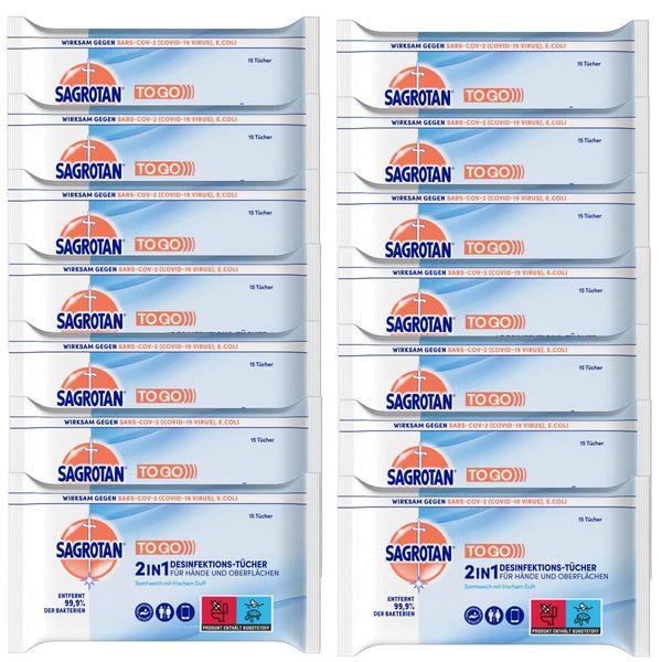 Sagrotan 2in1-Desinfektionstücher – Zum Desinfizieren von Händen und Oberflächen – 14 x 15 Feuchttücher in wiederverschließbarer Verpackung