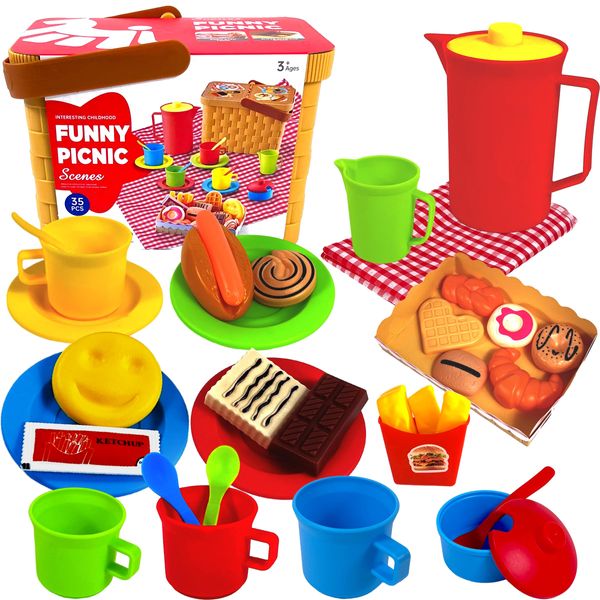 Tea Party Set Picnic Basket Toy-Kids Pretend Play Food Toys with Plastic Tea Set, Kids Picnic Basket, Toy Food Mis Pastelitos-Tea Set Toddler Toys for Girls and Boys