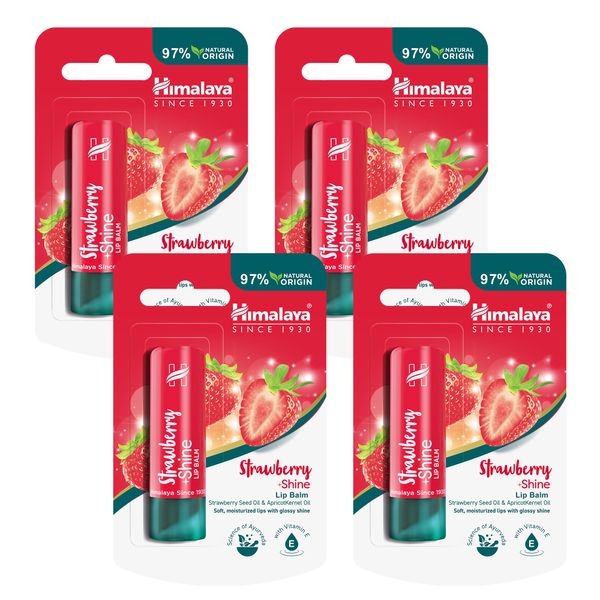 Himalaya Strawberry Shine Lip Balm with Strawberry Seed Oil, Repairs Dry and Chapped Lips, with a Hint of a Color, Boosts Hydration, Contains Nourishment of Vitamins and Minerals- 4.5g (Pack of 4)