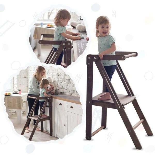 Wooden Step Stool for Preschool - Kid Chair That Grows - Chocolate - Chocolate