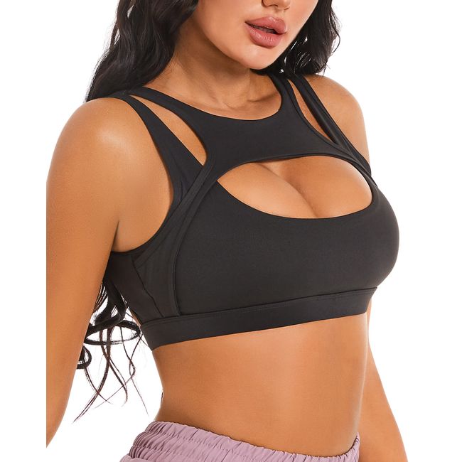 Push-up Sport-BH für Frauen Sexy Hollow Crop Tops mit abnehmbaren Cups Yoga Workout Running Medium Support Bra, Schwarz, L