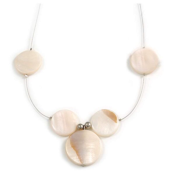 Avalaya Delicate Floating Off White Shell Bead Wire Necklace in Silver Tone - 44cm L