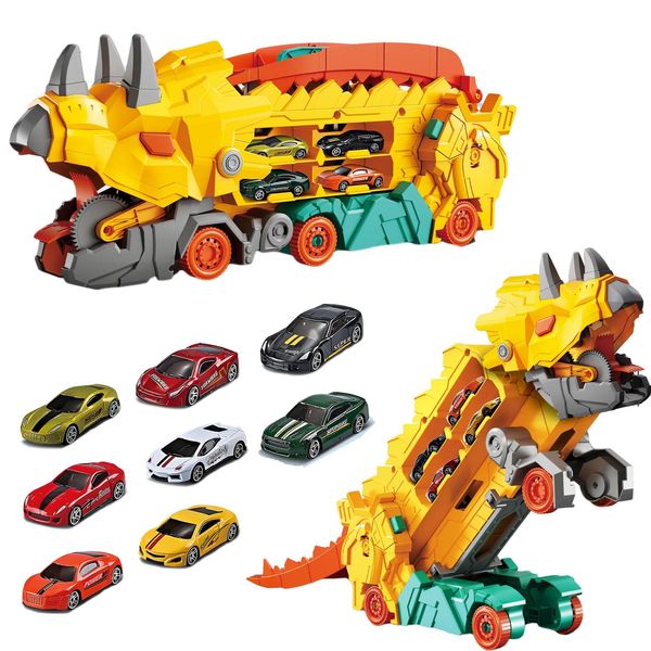 Hautrely Toddler Dinosaur Transport Truck Toys for 3 4 5 6 Yeals Old Boys, Ultimate Hauler Carrier Truck with Race Track and 8 Die-Cast Cars, Toys Playset for Kids Boys (Yellow)