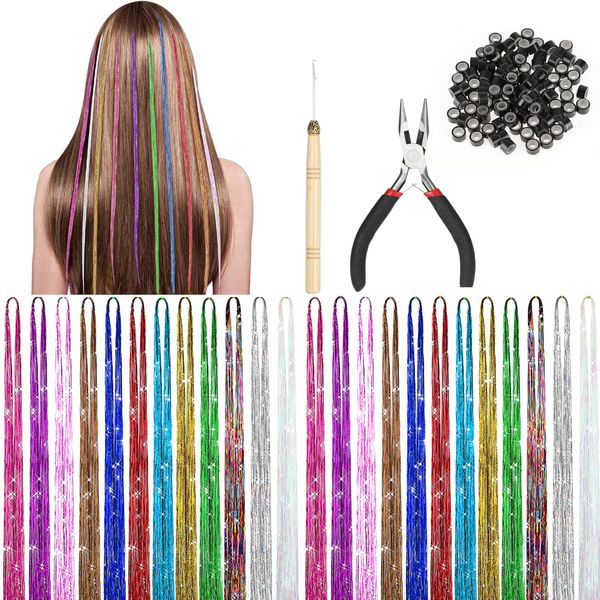 HIFOT 12 Farben Glitzer Haar Lametta Stränge Haarverlängerungs Set mit Werkzeug, Kunst Haare Extensions Bunte Haarsträhnen Kinder, Haarschmuck Haarteil Zange Häkchen Hair Extension für Frauen Mädchen