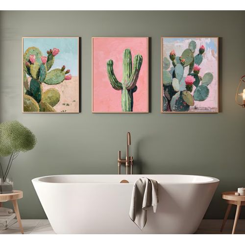 Southwestern Desert Canvas Wall Art Saguaro Cactus Painting Picture Wall Decor Pink and Green Plant Landscape Poster Print Artwork for Bedroom livingroom Home Decoration【UNFRAMED】