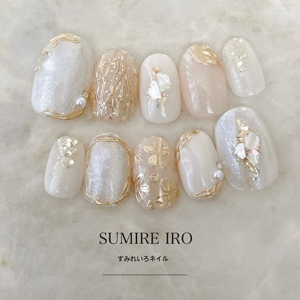 Nail tips False nails Bridal nails Short Coming-of-age nails Design Simple nails Nail Beige nails Small nails Large nails Very short Chibi nails Adult nails False nails Custom nails<br> [o2147] White marble surround mirror line flower