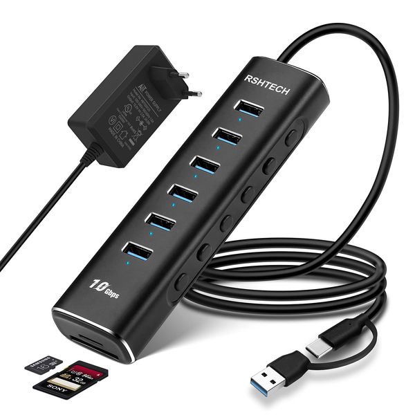 USB 3.2 Hub mit Netzteil, RSHTECH 8-Port USB 3.1 Hub Gen2 Aluminium, mit 6*10Gbps USB 3.2-Port, SD/TF Kartenleser, 24W(12V/2A) Netzteil und 100cm Datenkabel (typ A&C), USB Hub Aktiv für PC, RSH-A107D