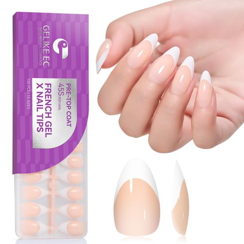 Gelike ec Soft Gel Press On Nails: Nude French Mandorle Gel x Unghie Tips Medium Full Cover Unghie da incollare, No Need Top Coat for Salon Qualità Piacevole Sensazione 150pcs 15 misure