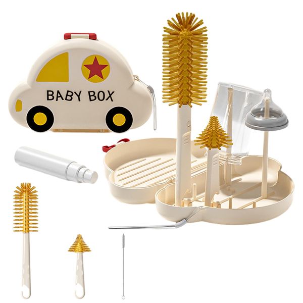 Flaschenbürste Baby,Guador 7-In-1 Babyflaschen Bürste,Tragbarer Trockenständer Kompaktwagen Babyflaschen Trockenständer,Baby Flaschenbürste Set,Seifenspender,Flaschentrockengestell,Bpa-Frei,Beige