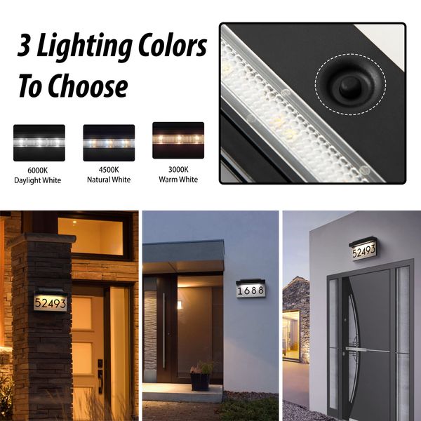 Address Plaque For Houses Solar Powered Adjustable Solar Panel 3 Lighting Colors Lighted House Numbers Address Sign, Rechargeable LED Illuminated Address Sign For Outside Waterproof