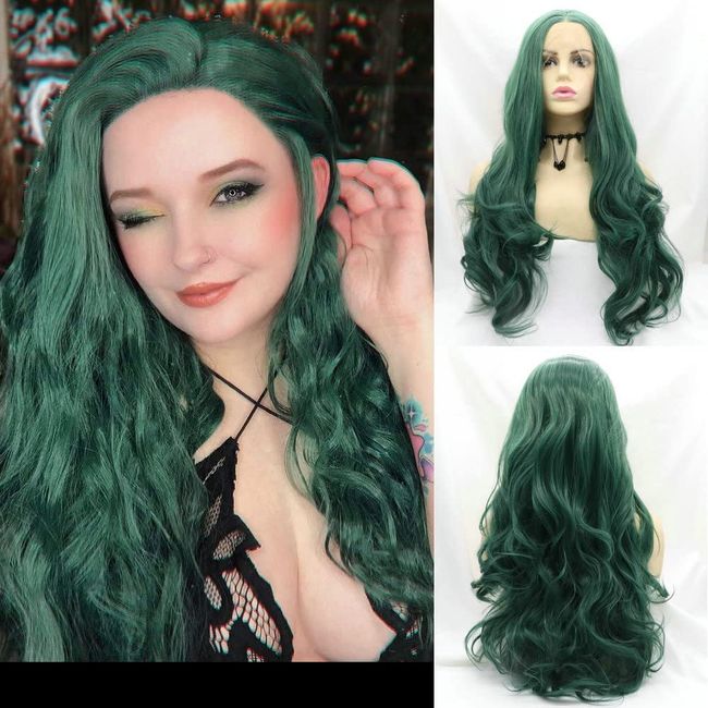 SereneWig Damen Grün Teal Lange Wellige Synthetische Spitze Front Perücken für Frauen Hitzebeständige Malachit Grüne Farbe Cosplay Täglicher Ersatz Drag Queen Make-up Perücken 26" Mittelteil