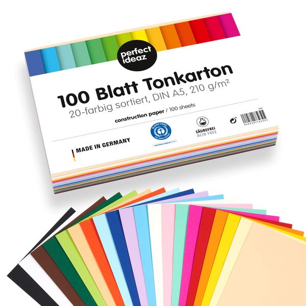 perfect ideaz 100 Sheets Coloured Art Paper, Construction Paper in A5 Size (5.83 x 8.27 in), in 20 Different Solid-Colours, 210 g/m² Quality Sheets